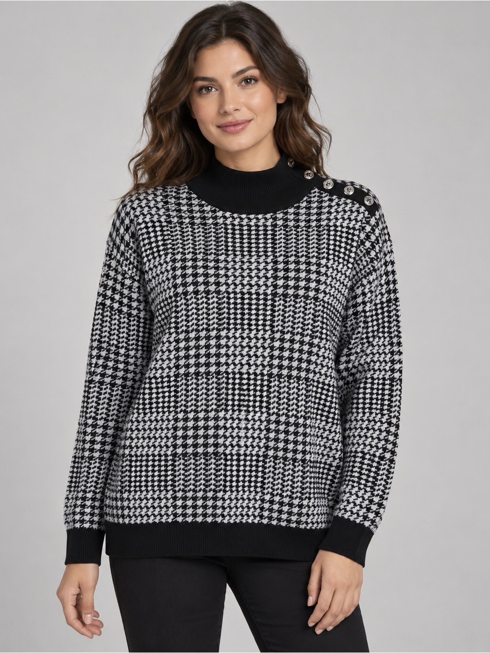 Calvin Klein Black & White Houndstooth Mock Neck Sweater with Shoulder Buttons